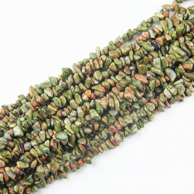 Natural Unakite Chip Beads in 5-8mm sizes, perfect for DIY jewelry making. Loose gemstone nugget beads for unique designs.