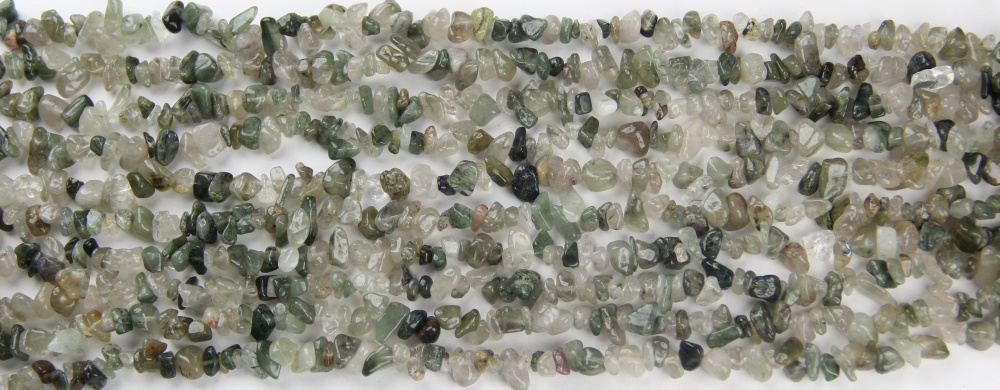 A comparison of different sizes for drilled crystal chips including our popular 5-8mm Hair Quartz chip Beads