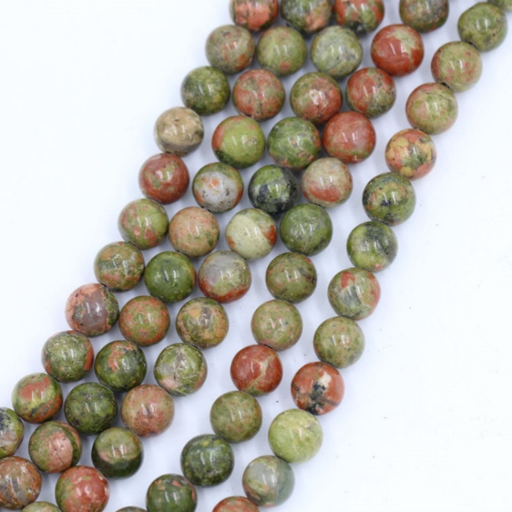 Unakite Loose Round Beads (4-12mm) on a 40cm strand, perfect for DIY jewelry making with unique pink and green gemstone hues.