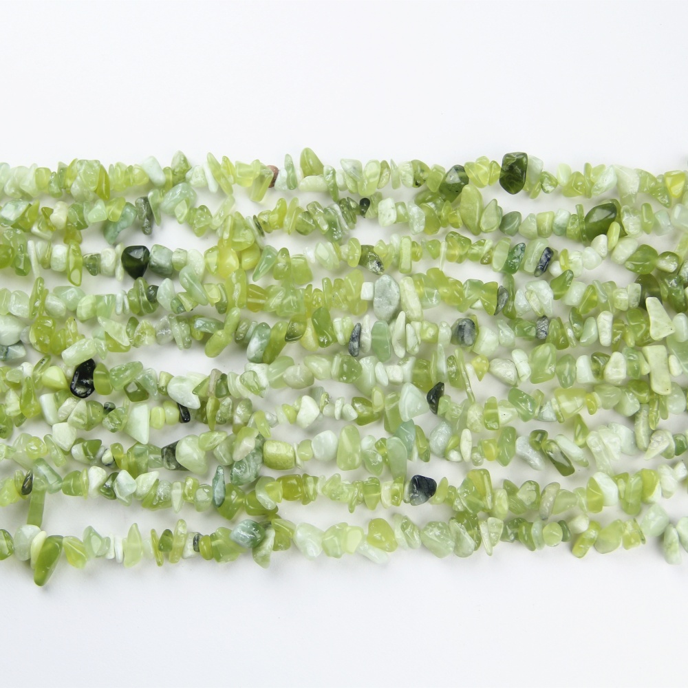 Healing Crystal Chip Beads made from Natural Serpentine Jade, perfect for emotional healing and creating spiritually meaningful jewelry. Available in 5mm to 8mm sizes.