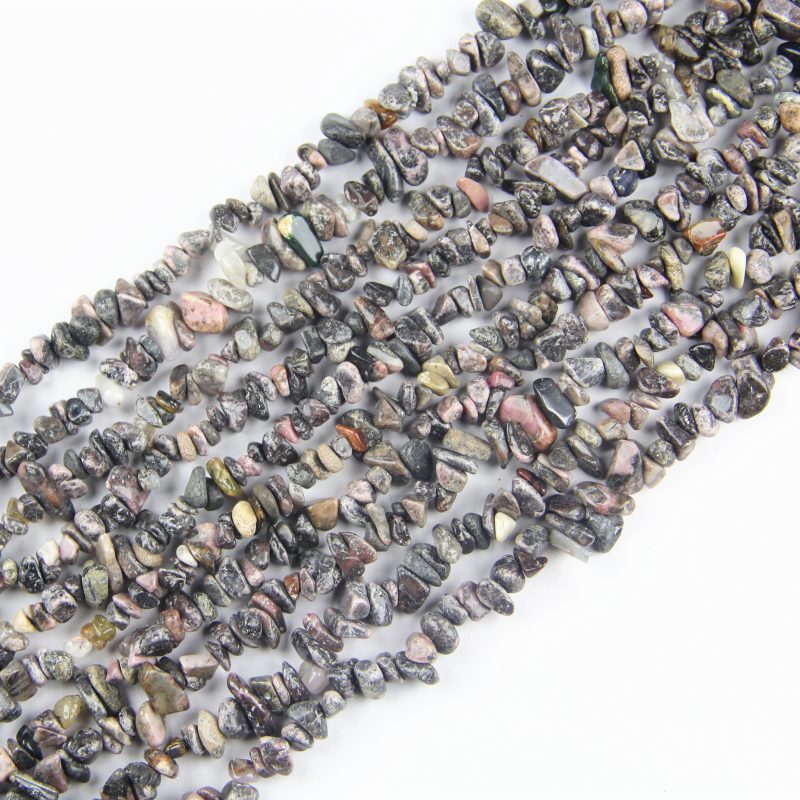 Authentic Black Line Rhodochrosite chip beads, 32” strand, perfect for creating unique jewelry with natural beauty