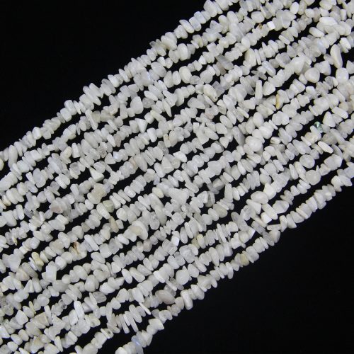 Full strand of natural white moonstone chip beads – freeform pebble nugget irregular chips with milky white pearly sheen for jewelry making.