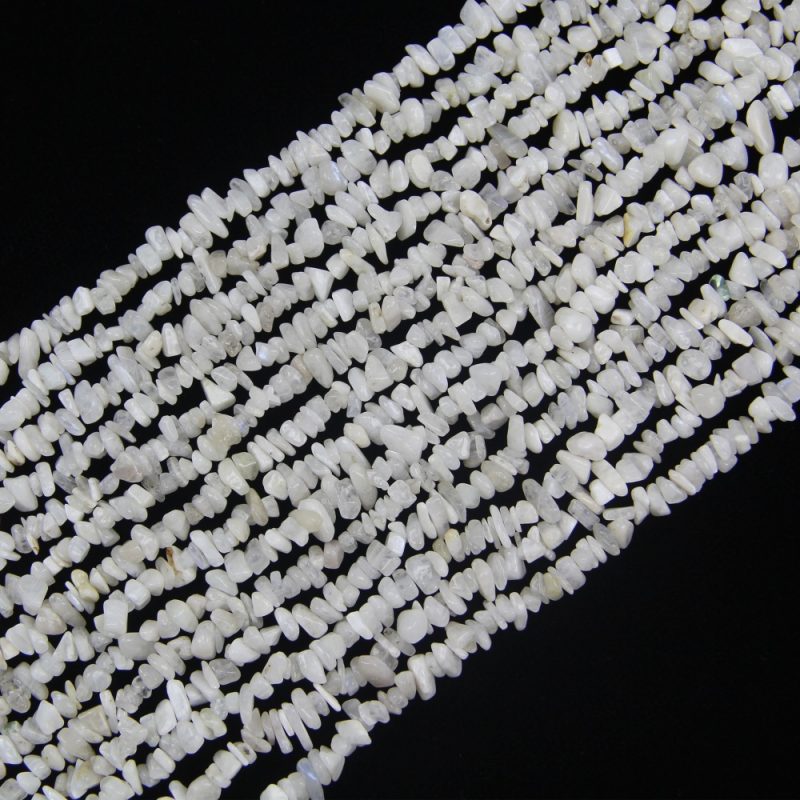 Full strand of natural white moonstone chip beads – freeform pebble nugget irregular chips with milky white pearly sheen for jewelry making.