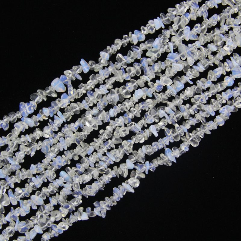 Close-up of White Opal Chip Beads on a 80cm strand, showcasing irregular synthetic gemstone beads for jewelry making, 5-8mm in size.