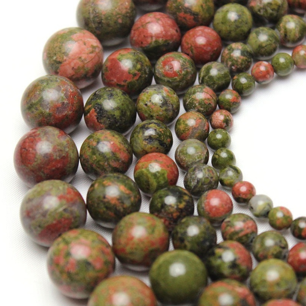 Natural Unakite Round Beads, 4-12mm, ideal for crafting personalized jewelry with unique green and pink gemstone hues.