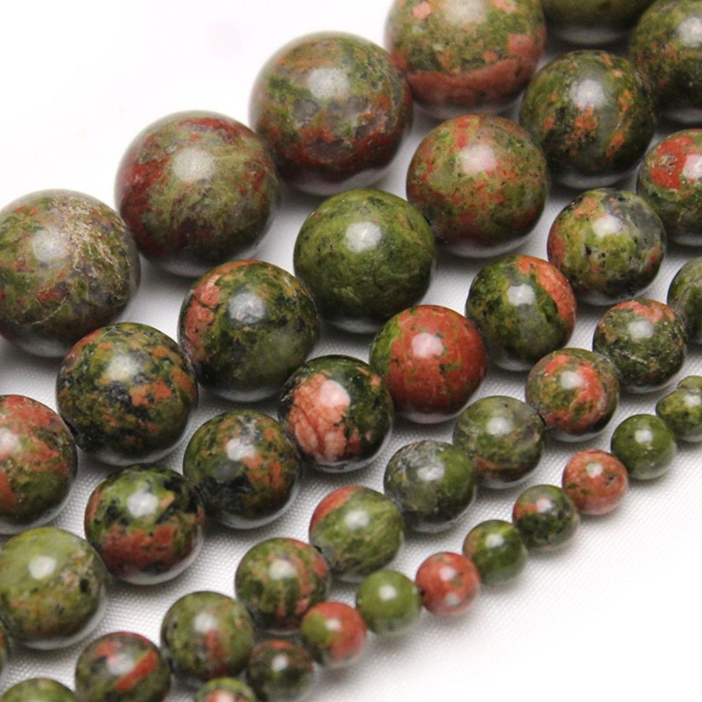 Loose Unakite Beads (4-12mm) on a 40cm strand, ideal for creating necklaces, bracelets, and earrings with natural gemstone beauty.