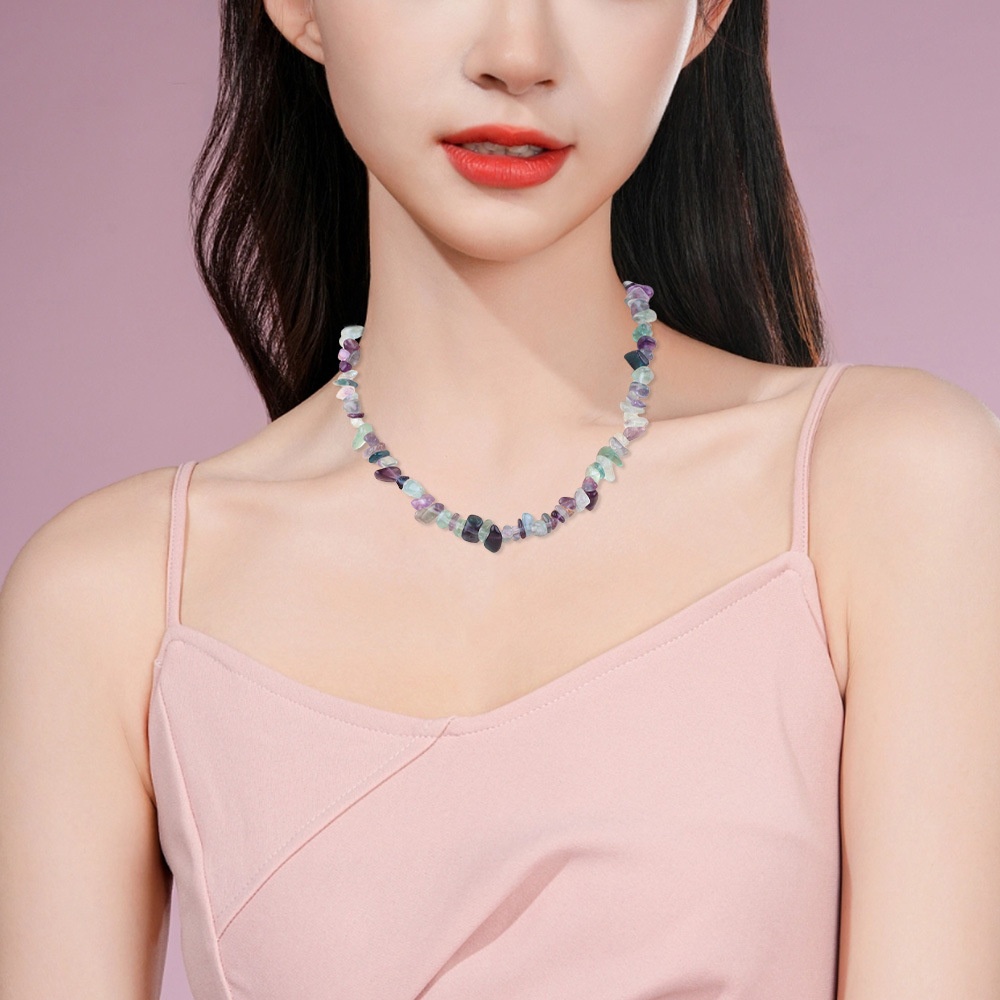 Gemstone necklace for women featuring colorful gemstone chip beads, natural irregular stones with adjustable 40+6cm length.