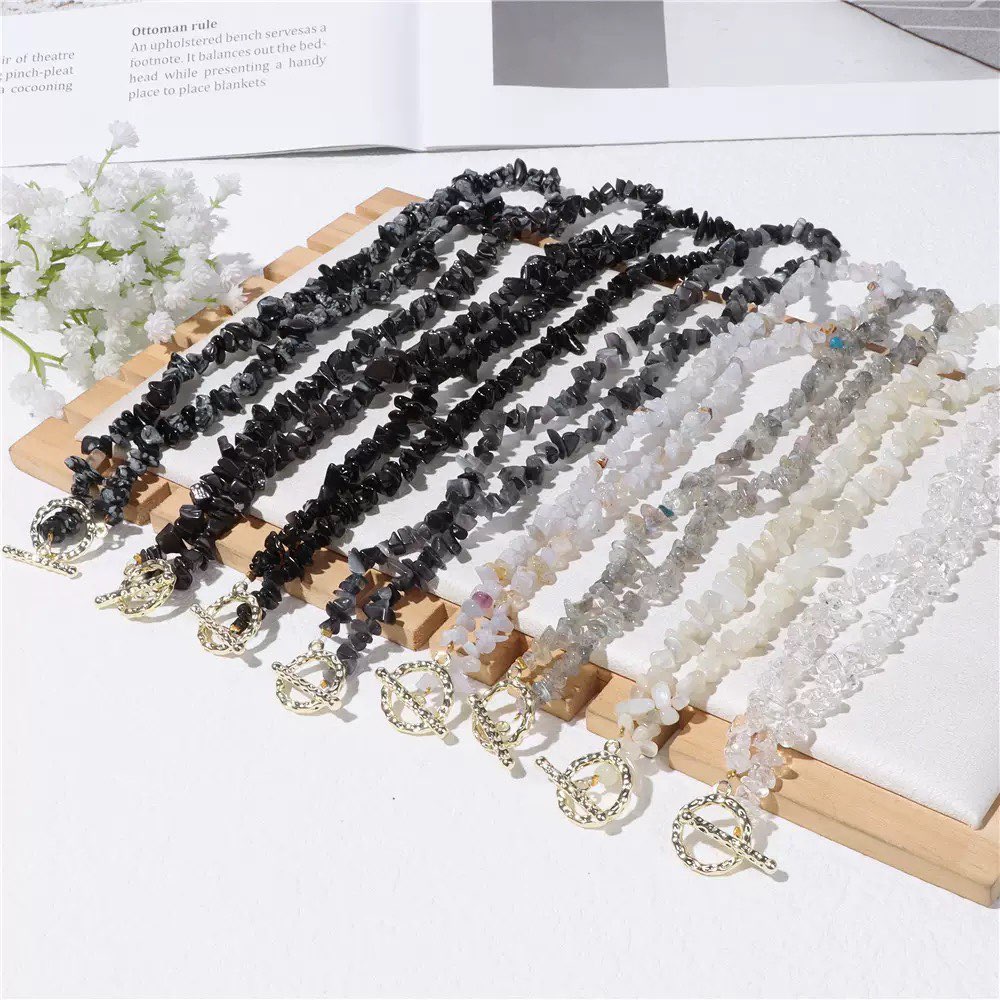 Moonstone Chip Necklace featuring 3–5mm irregular gemstone chip beads, natural and uncut crystals