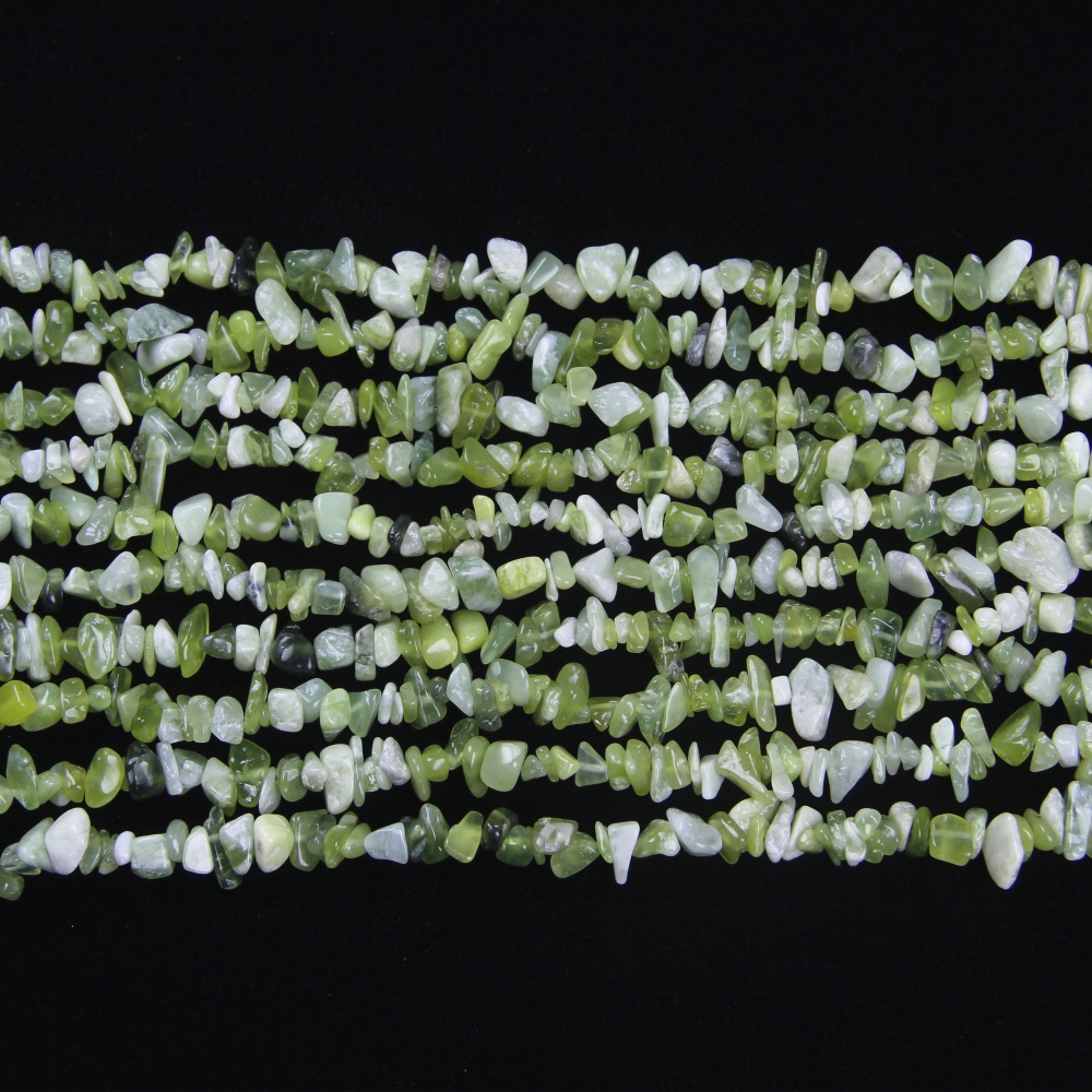 Polished Serpentine Jade Chip Beads, natural stone beads with smooth, refined finish. Perfect for jewelry making, available in 5mm to 8mm sizes, ideal for necklaces and bracelets.