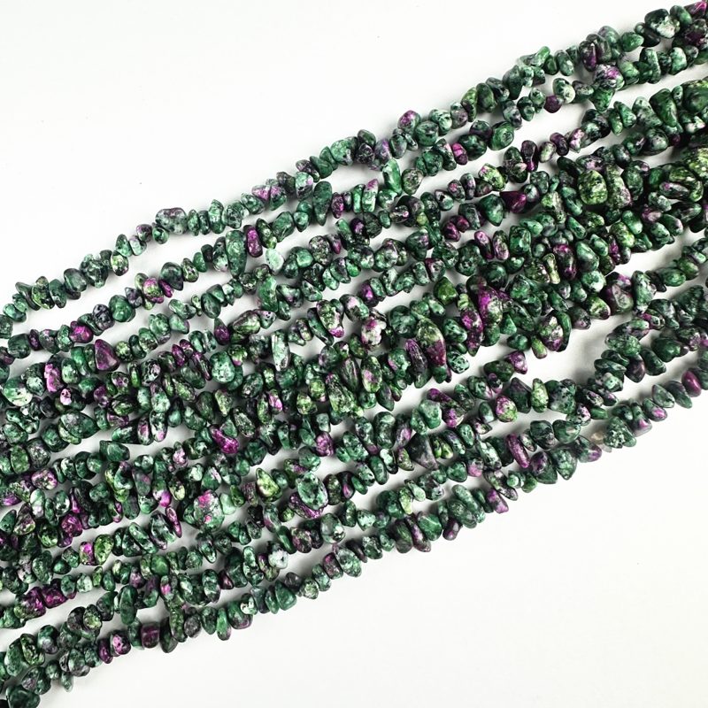 Ruby Zoisite Chip Beads in natural anyolite, tumbled gemstone nuggets, drilled and strung as an 80cm bulk strand for jewelry making