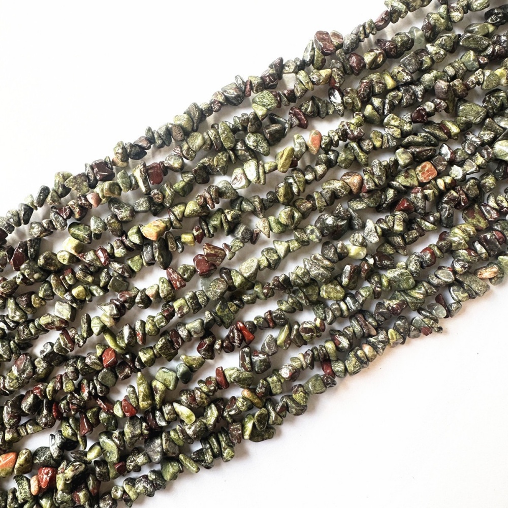Dragon Blood Stone Chip Beads showing natural green gemstone beads with red inclusions
