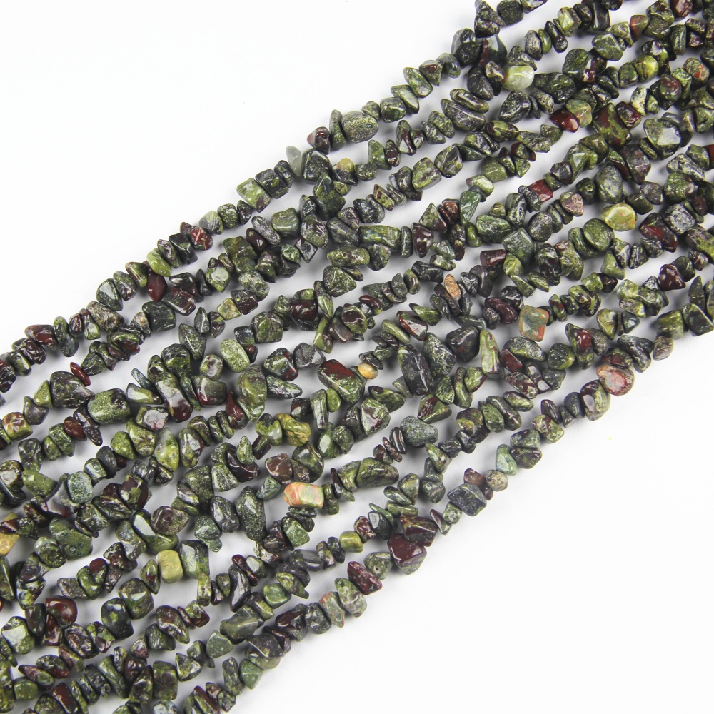 Dragon Blood Stone Chips as real gemstone beads with natural green and red patterns