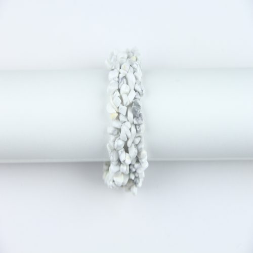 Multiple layered natural stone bracelets on hand with round and chip white howlite beads – versatile White Howlite Bracelet, perfect as White Turquoise Bracelet stone chip bracelet for stacking